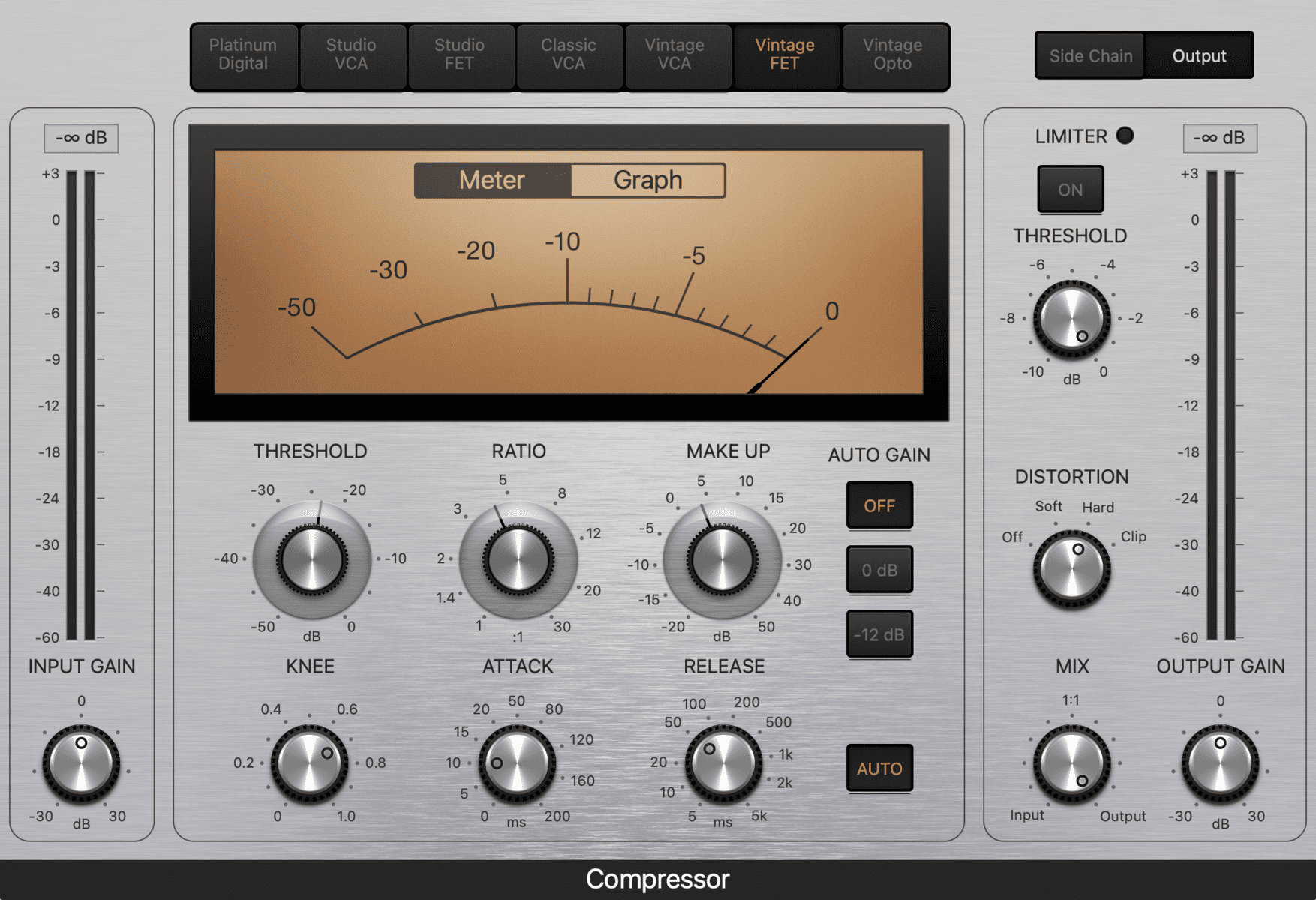 A picture of a compressor from Logic Pro X. The interface shows various controls such as threshold, ratio, attack, release, and makeup gain.