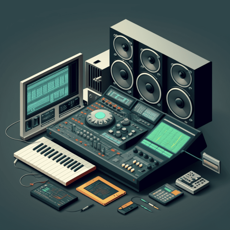 Midi controller, speakers and other music production equipment. 