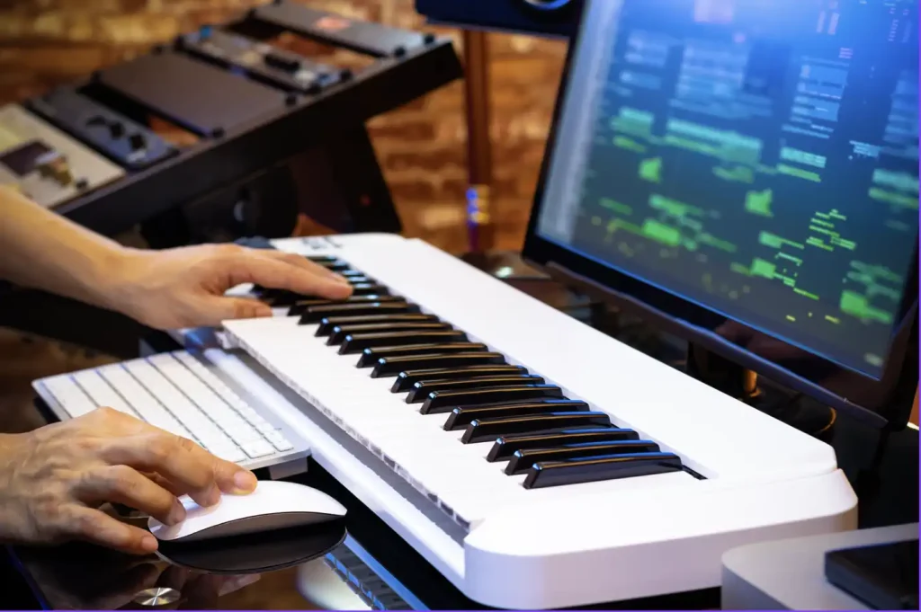 Professional music producer arranging a song on midi keyboard in a home studio.