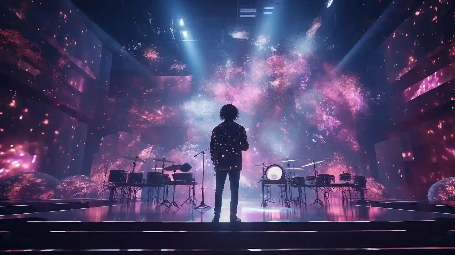 A person standing in front of a stage with bright lights. From the article "Can AI Make Music Videos In 2023? (Quick Facts and Insights)"