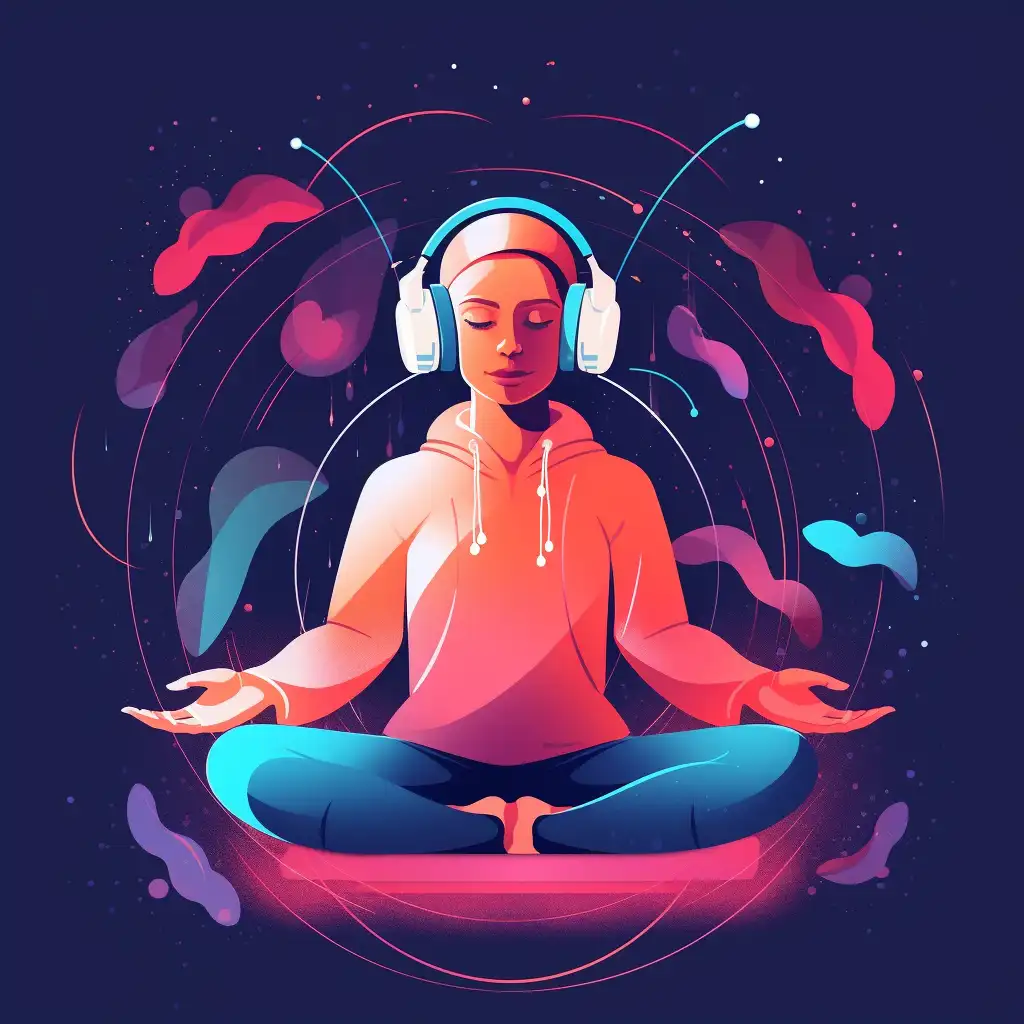 AI music for Yoga. A person practicing Yoga with headphones on, listening to AI generated music playlists.