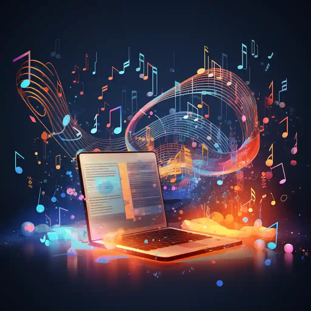 AI Music For Study. A image with graphics of a laptop for study with AI music coming out