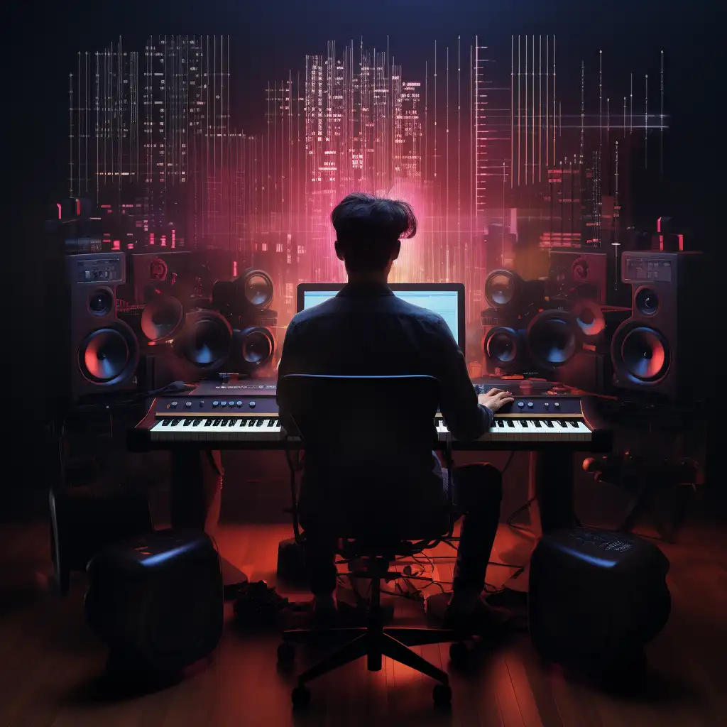a man sitting in front of a computer in a dark room contemplates if AI will replace music producers. From the article: "Will AI Replace Music Producers? (FAQs You Must Know)"