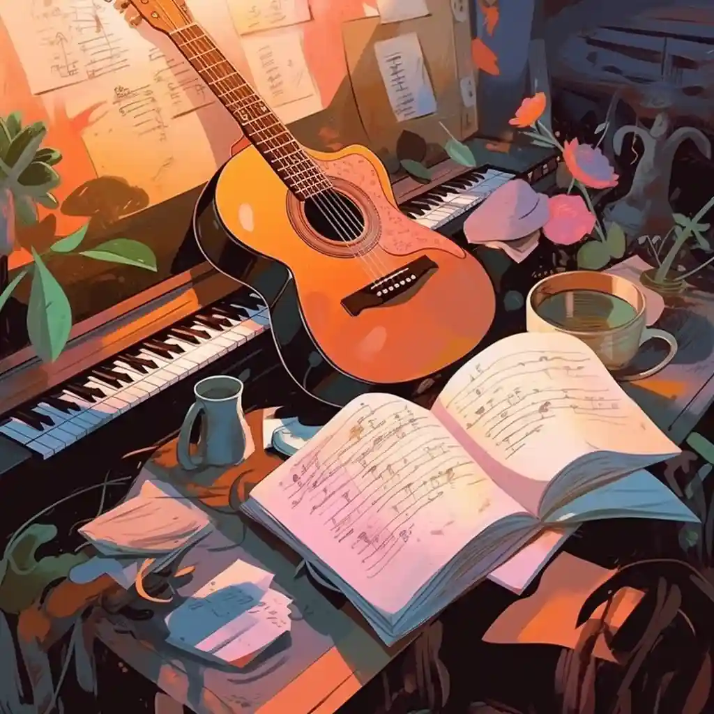 How to Arrange a Song. Image of guitar and piano from a songwriting process.