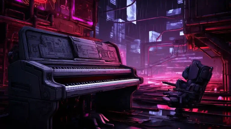 Can AI Compose Music. Image of a old piano in a futuristic world.
