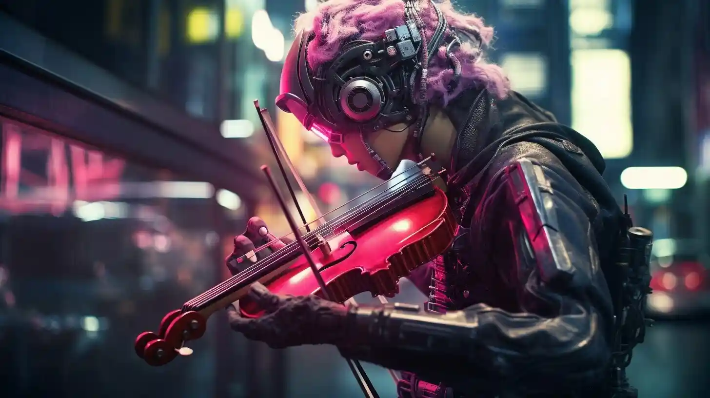 Will AI Music Take Over? Image of an AI with a musical instrument