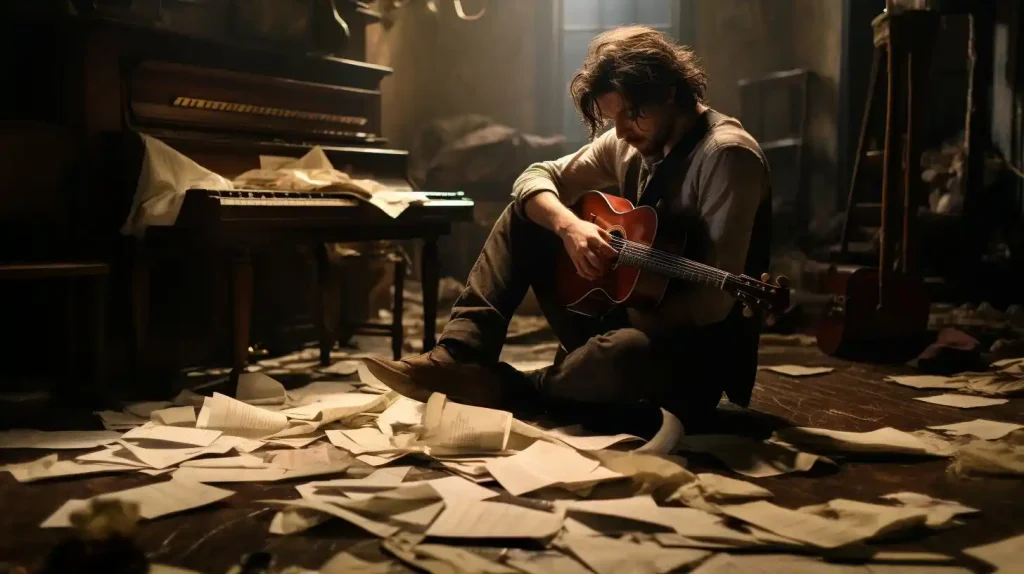 A frustrated man, surrounded by crumpled papers, struggles to compose songs on his guitar. From the article: "Why Is Song Writing So Hard? (and How You Can Overcome It)"
