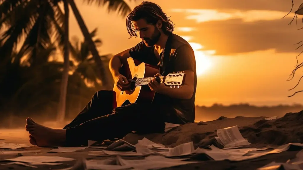 A man sitting with his guitar in the sunset
