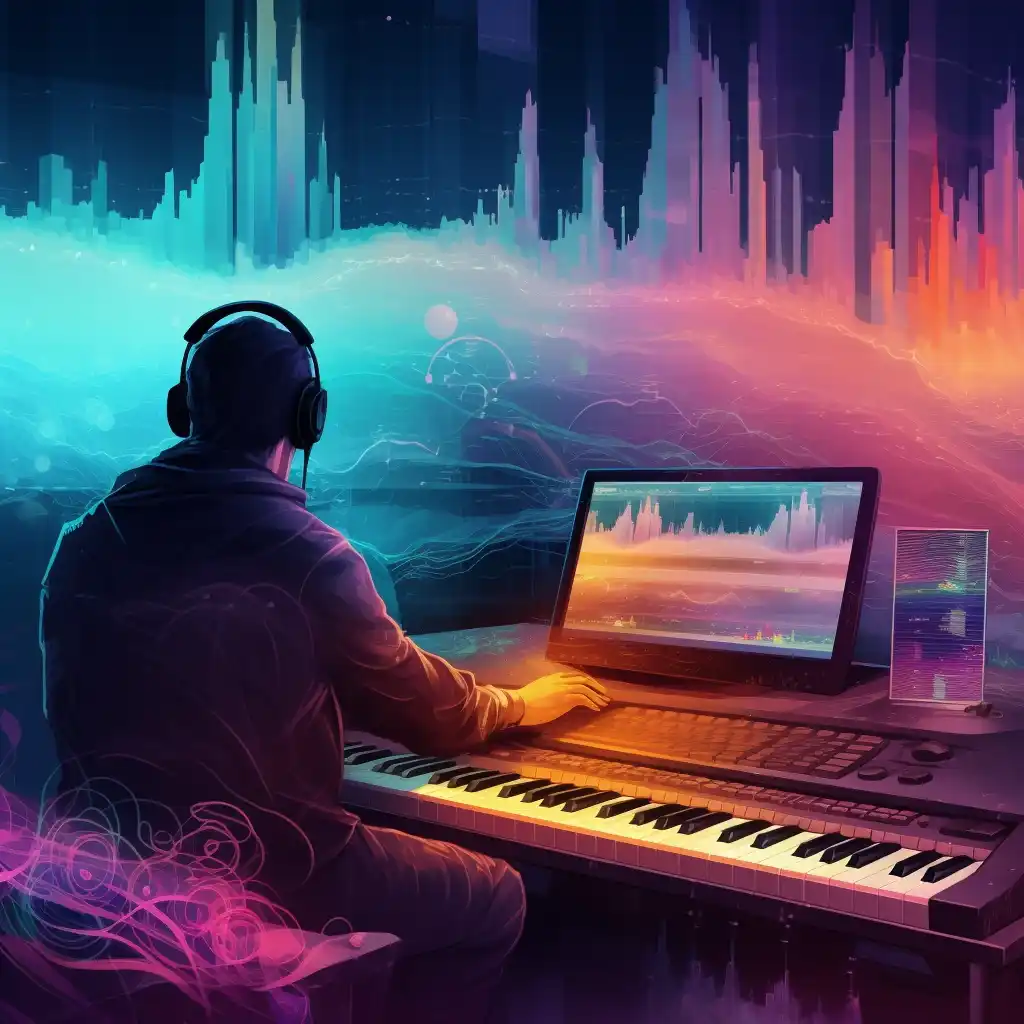 Image of a music producer and AI software. Do AI Composers Improve Over Time?