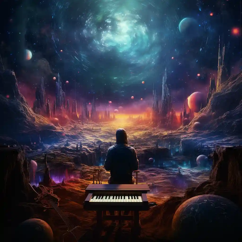 A man sitting at a piano in front of a starry sky.
