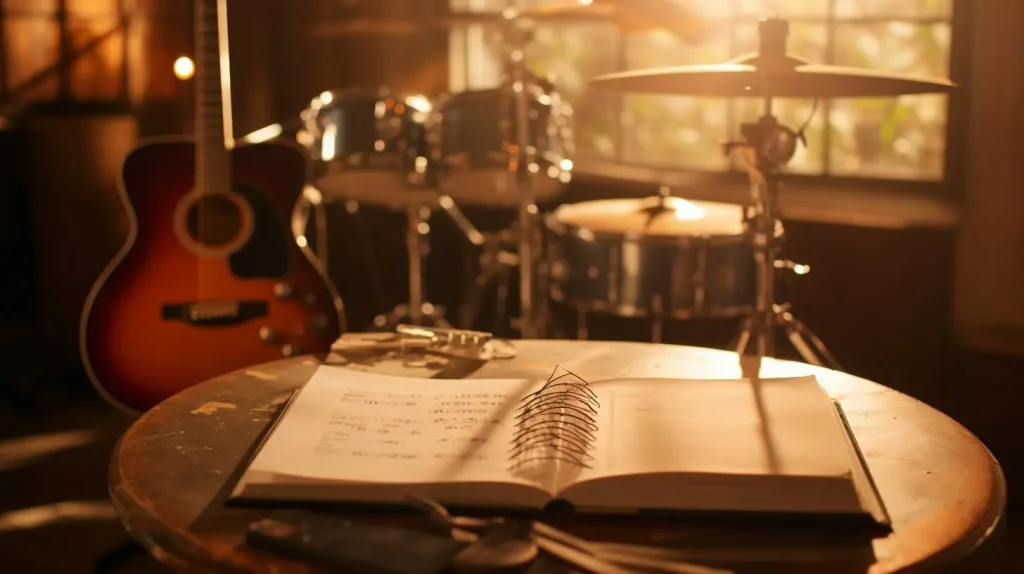 A guitar, drums and an open notebook on a table.