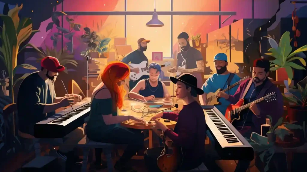 A group of people sitting at a table playing music.