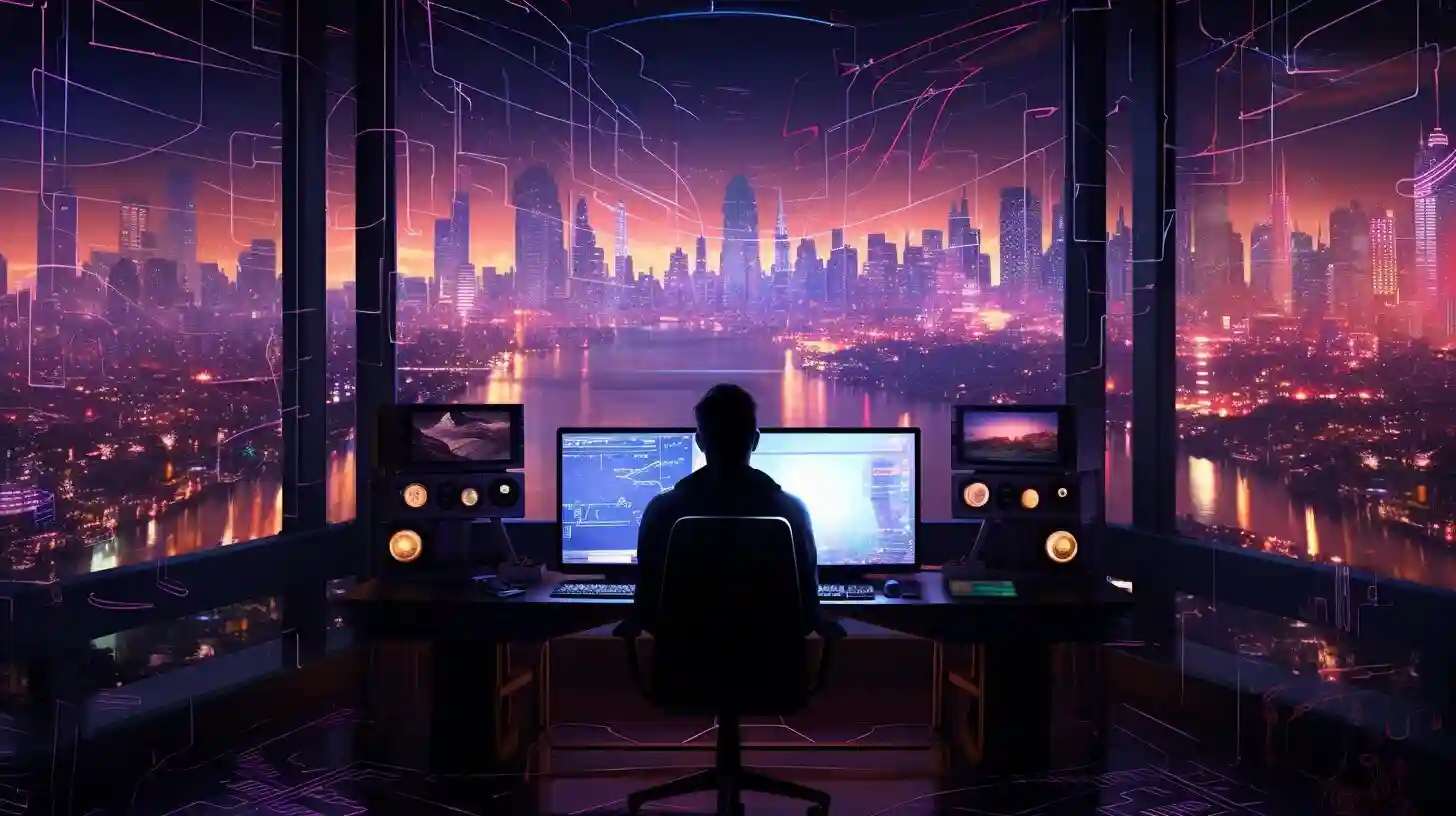 How Does AI Affect the Role of Music Producers? Image of a man sitting at a desk in front of a city at night and producing music.
