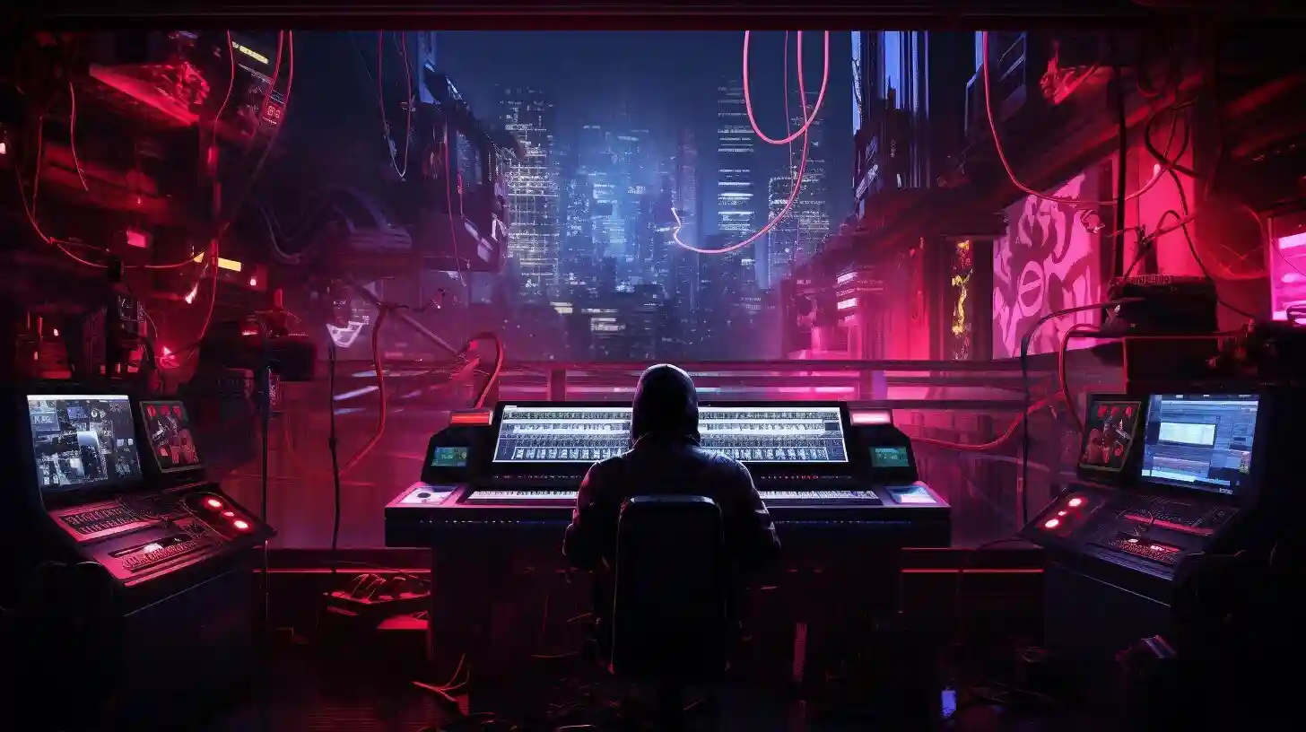 Does AI Music Have Copyright Issues? Image of a music producer in a futuristic music studio